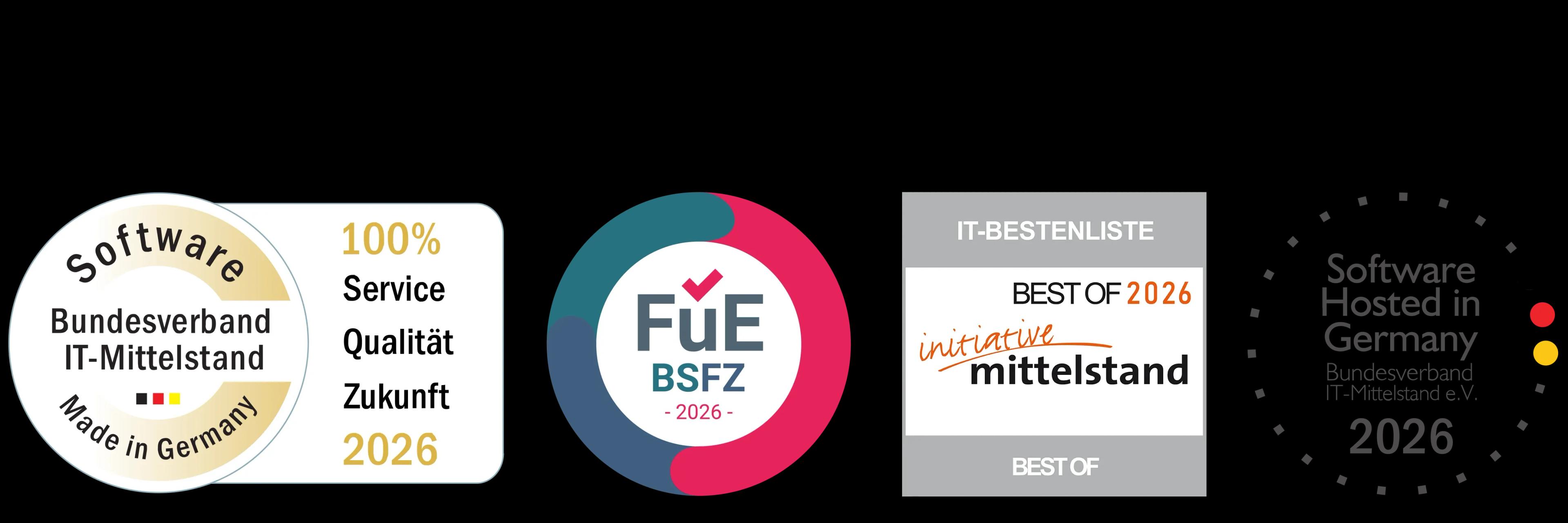 Auszeichnungen und Qualitätssiegel für Intelligix, darunter Software Made in Germany, Software Hosted in Germany und Best of Mittelstand.