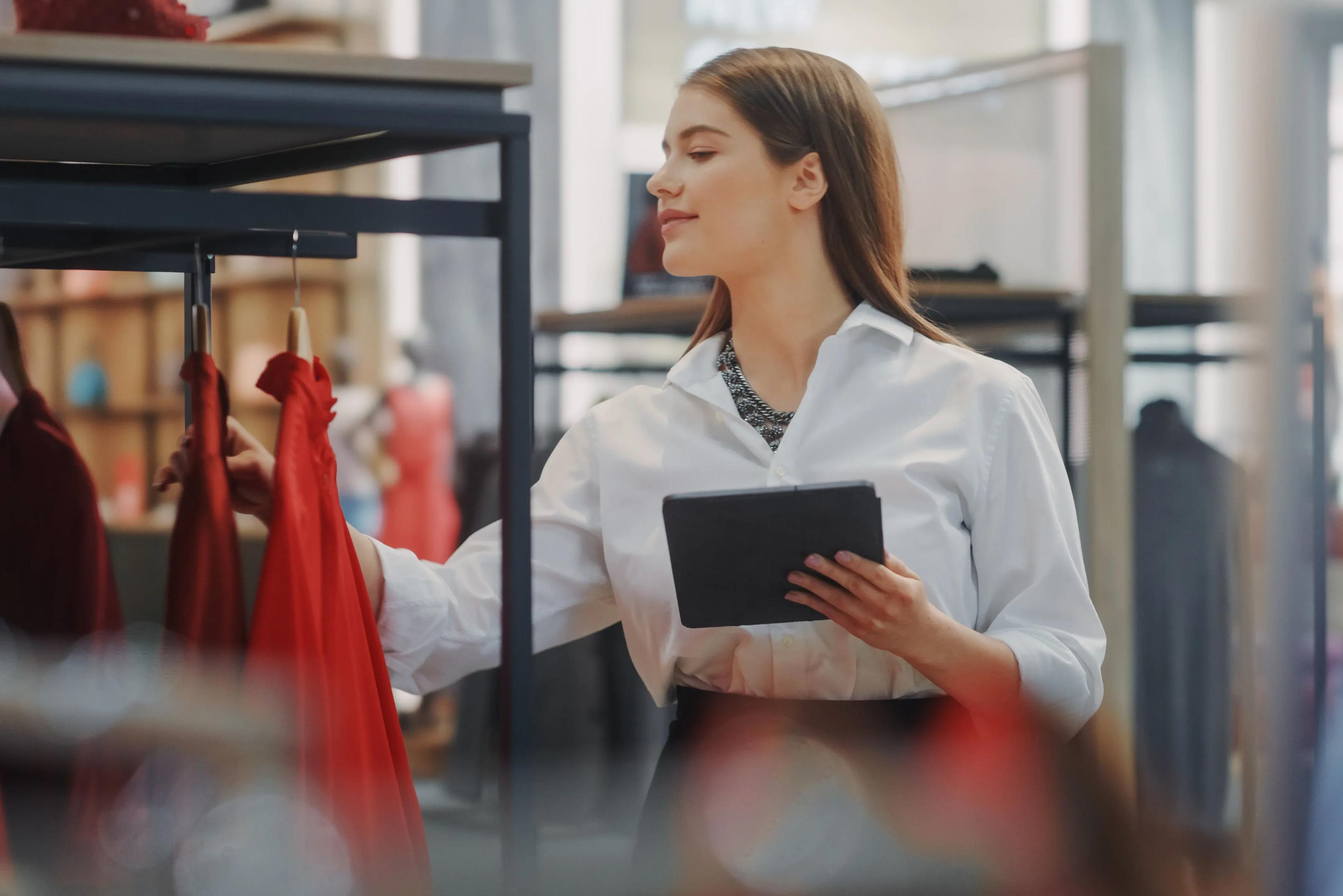 Mitarbeiterin im Modehandel auf der Verkaufsfläche mit Tablet im Kontext von Order- und Auftragsprozessen.
