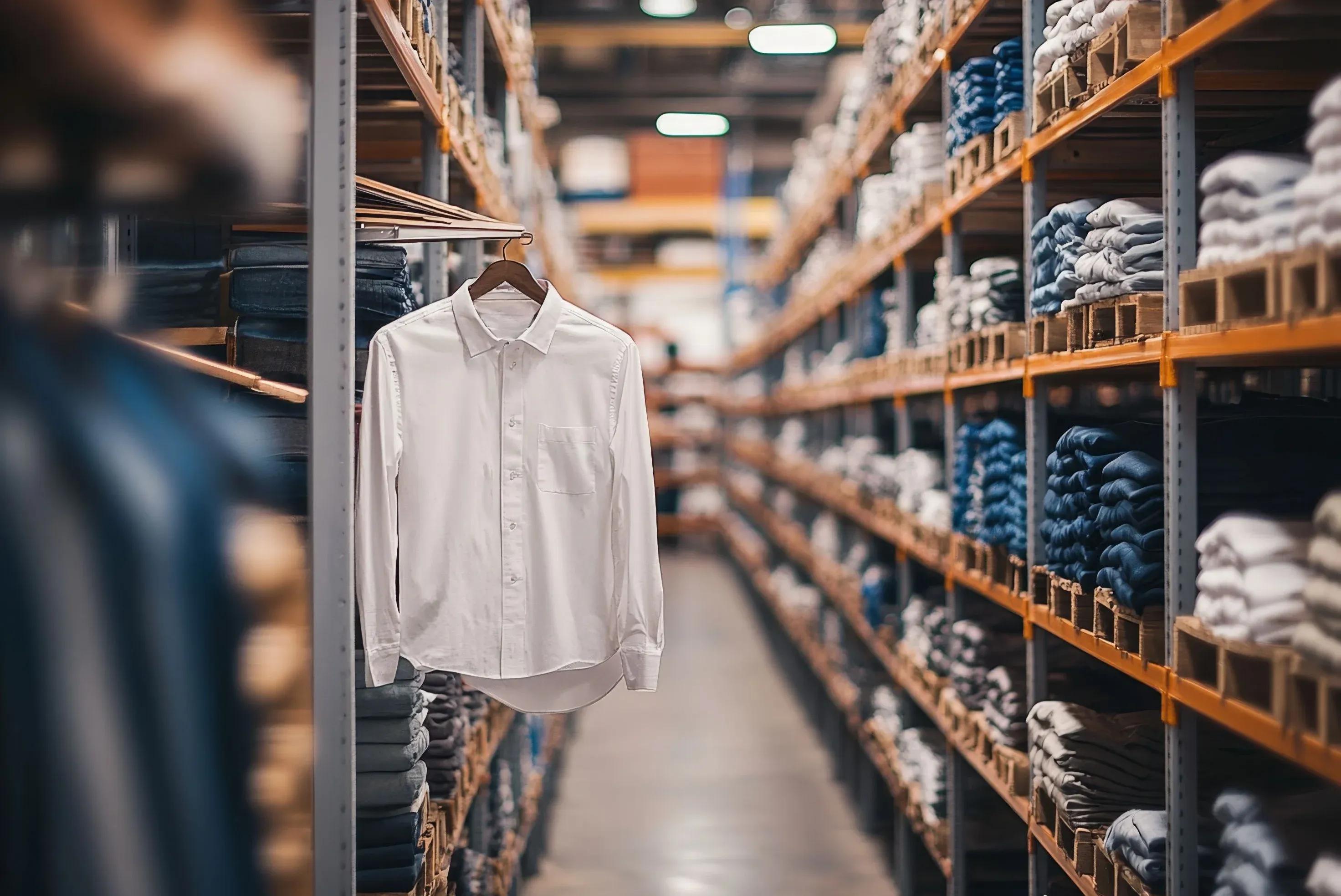 Strukturierte Lagerregale mit Textilware als Symbol für Bestandsmanagement und Logistik im Einzelhandel.