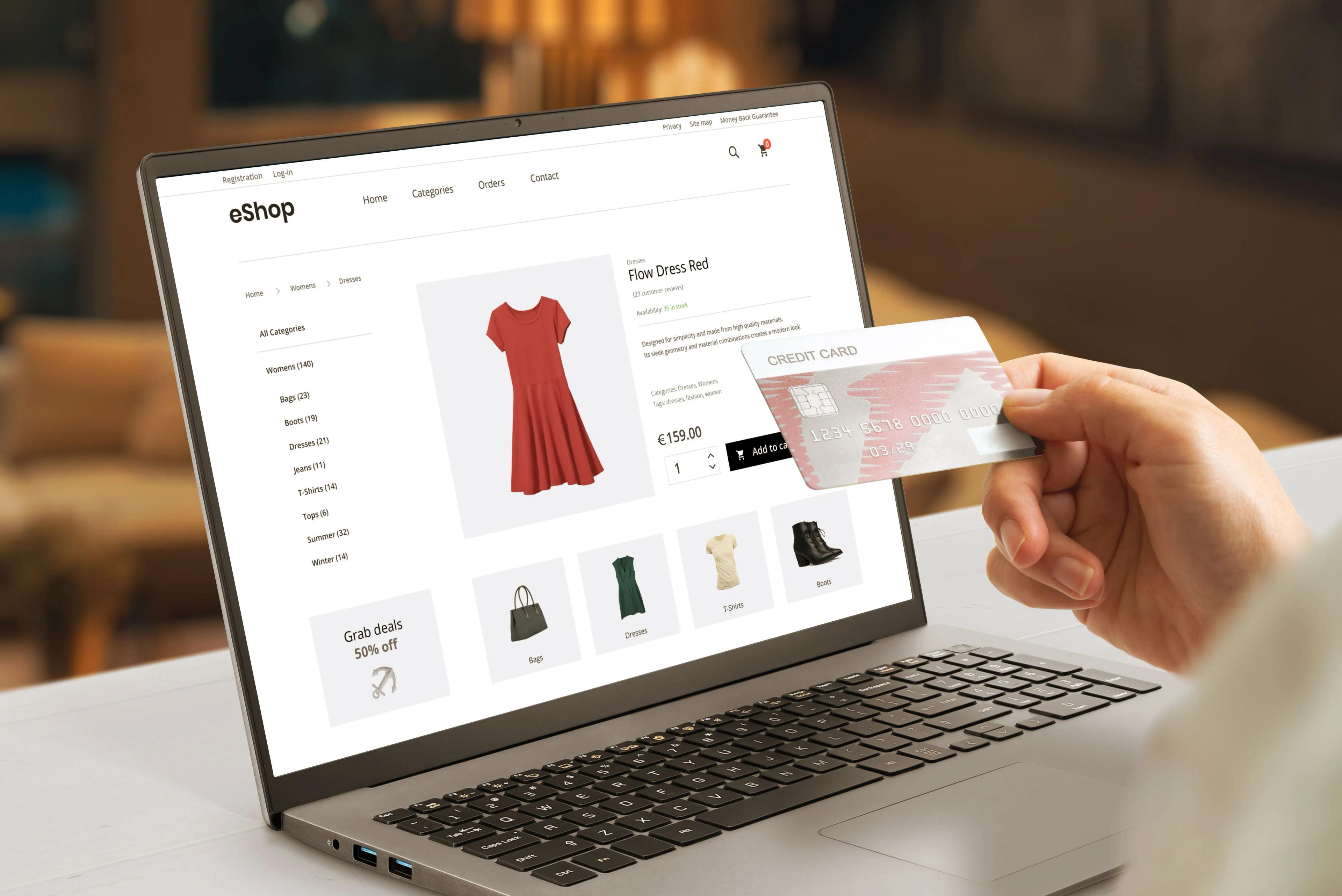 Online-Shop-Darstellung auf einem Laptop als Symbol für die E-Commerce-Integration und den Datenaustausch im Einzelhandel.