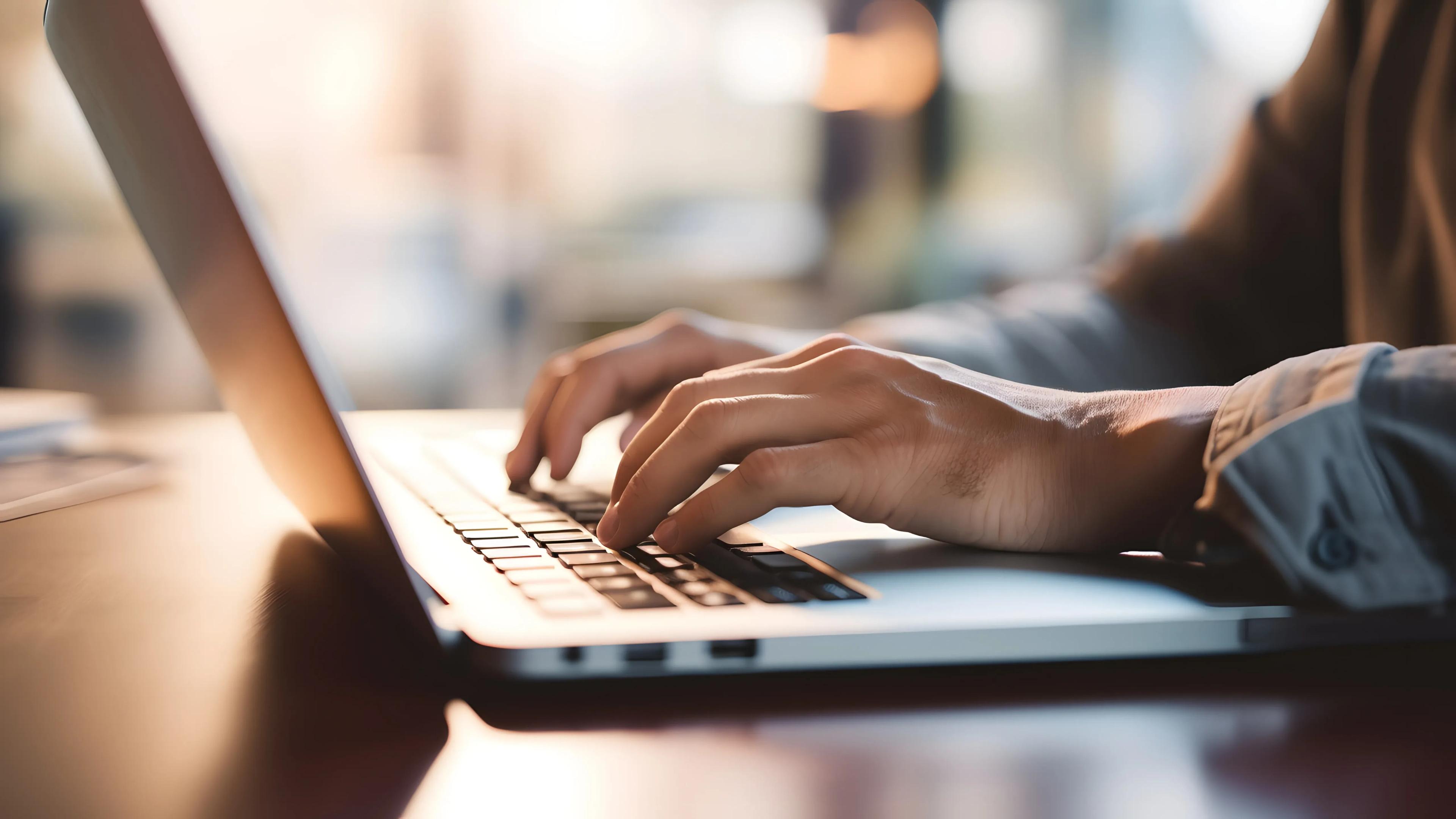 Close-up of hands typing on a silver laptop keyboard in a warm, bright setting.