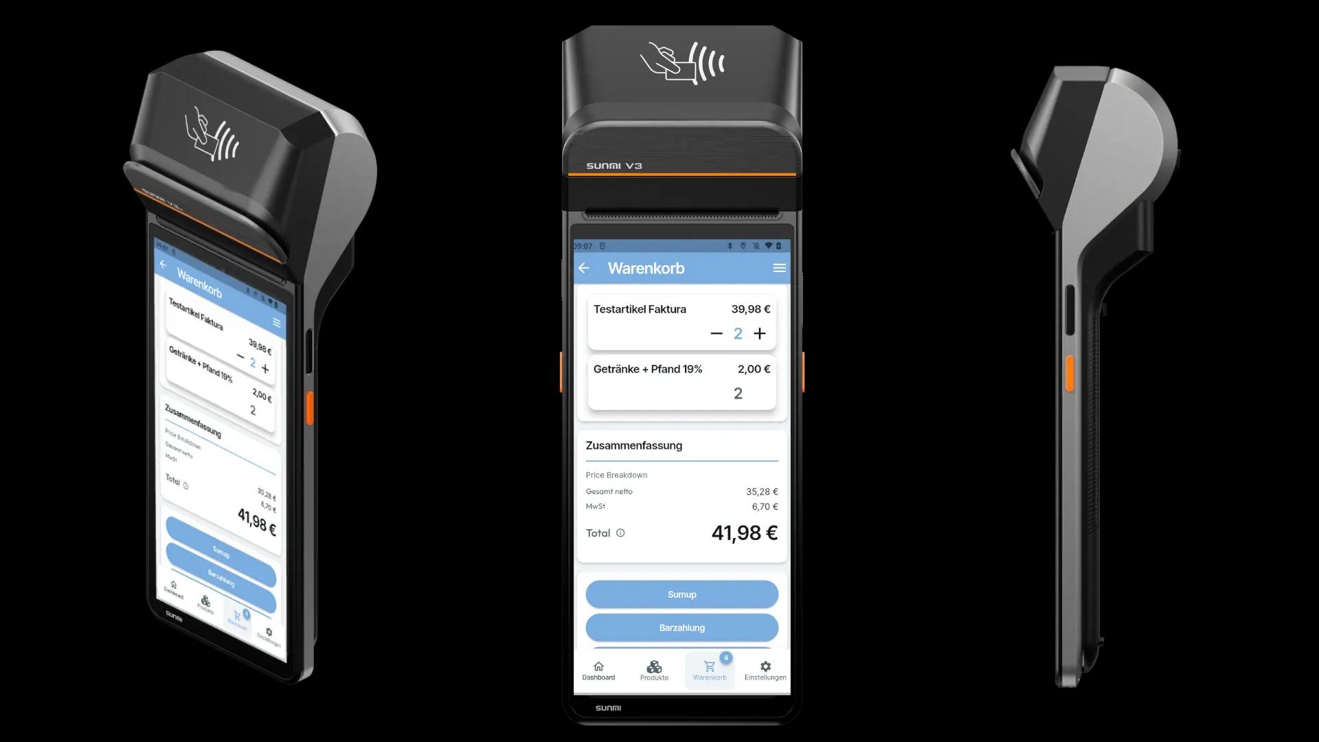 Three angles of a modern mobile payment terminal displaying a transaction total of 41.00€.