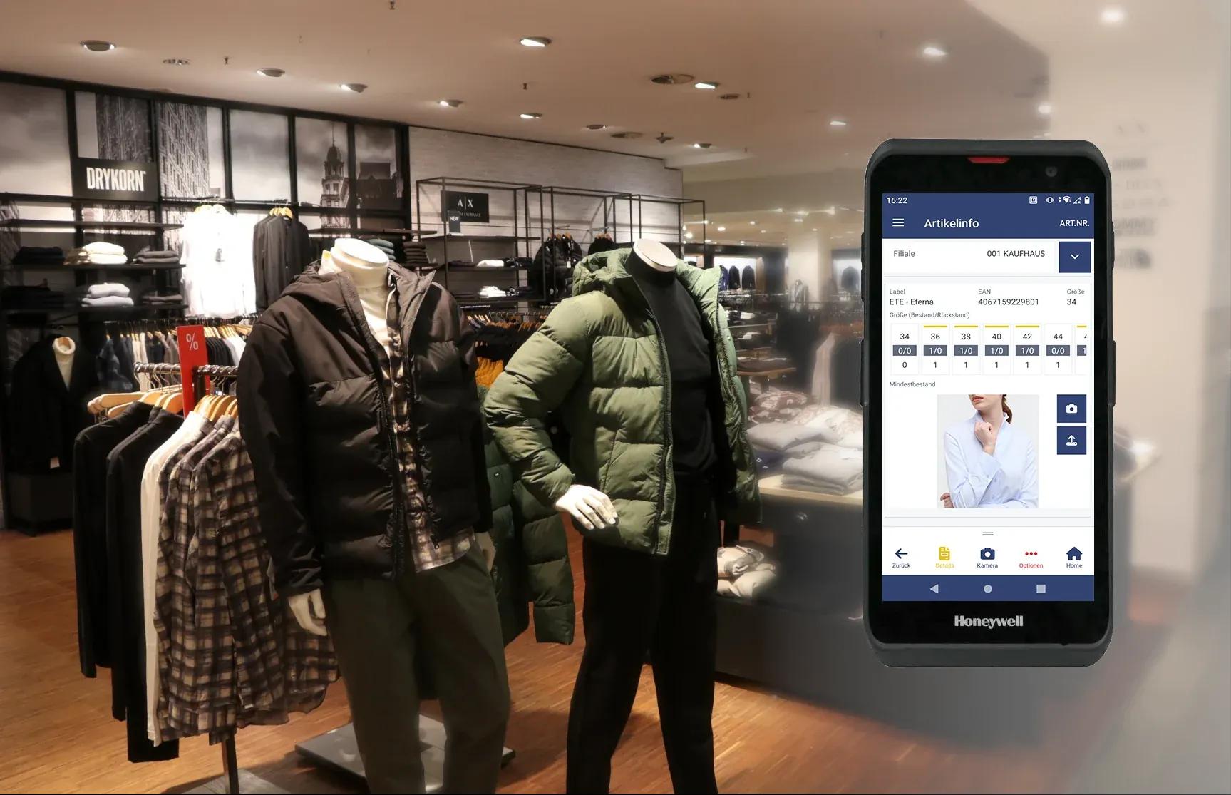 Mannequins display jackets in a retail store with a smartphone showing an inventory app.