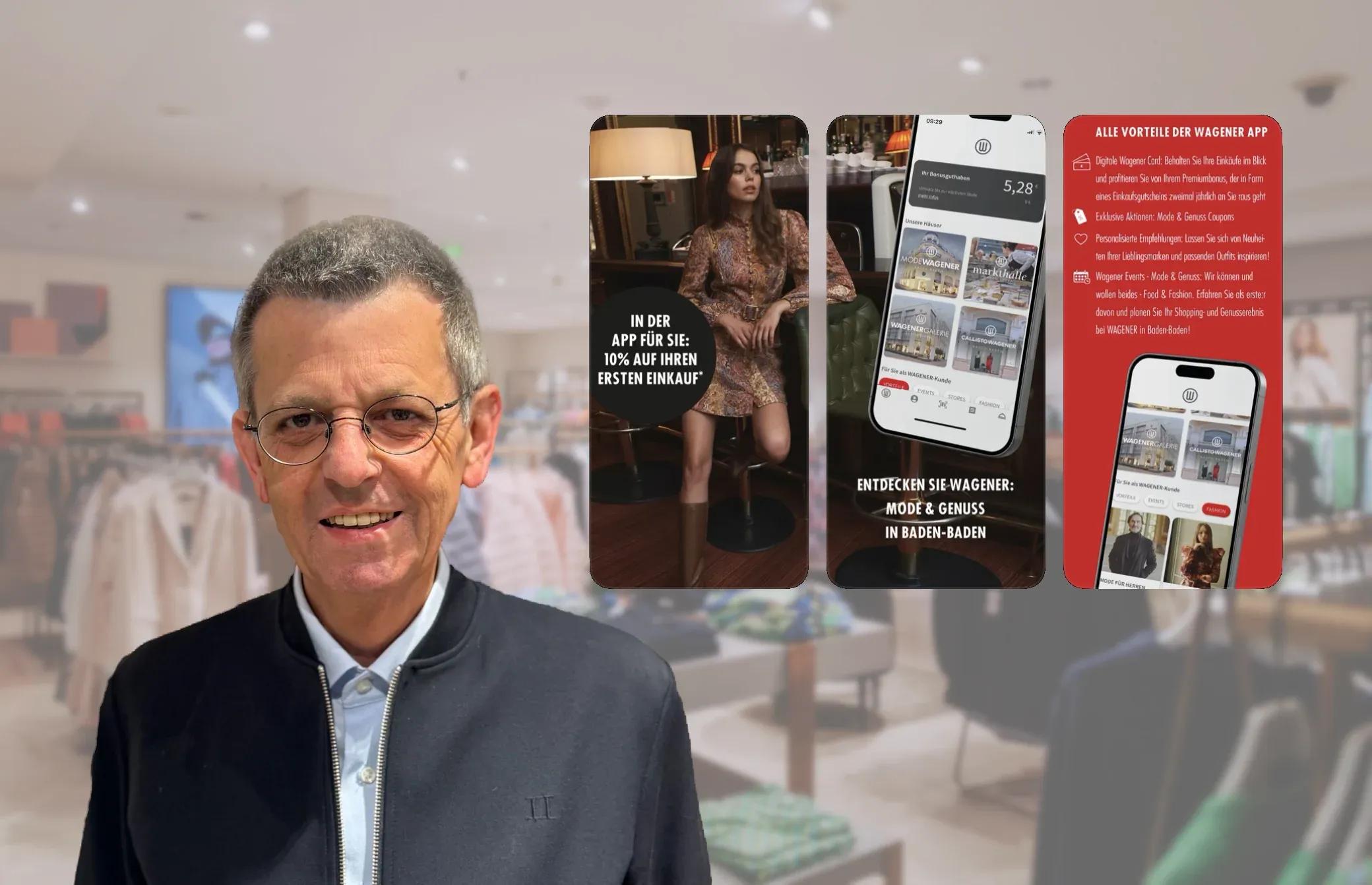 Smiling man in glasses stands before three mobile app screens displaying fashion content.