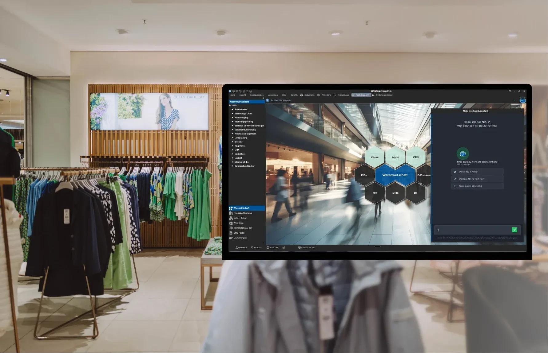 Retail store interior with clothes racks and an overlaid computer screen showing a management dashboard.